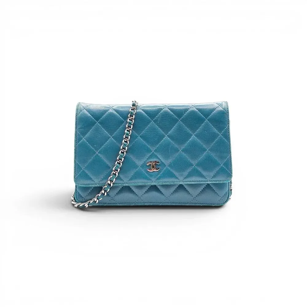 Chanel Wallet on Chain WOC Classic Quilted Lambskin Leather Turquoise Blue